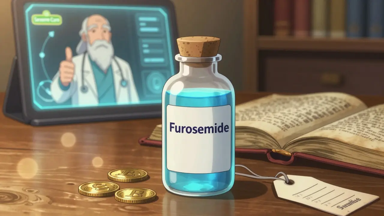 Glowing blue Furosemide potion bottle with doctor approval in anime style