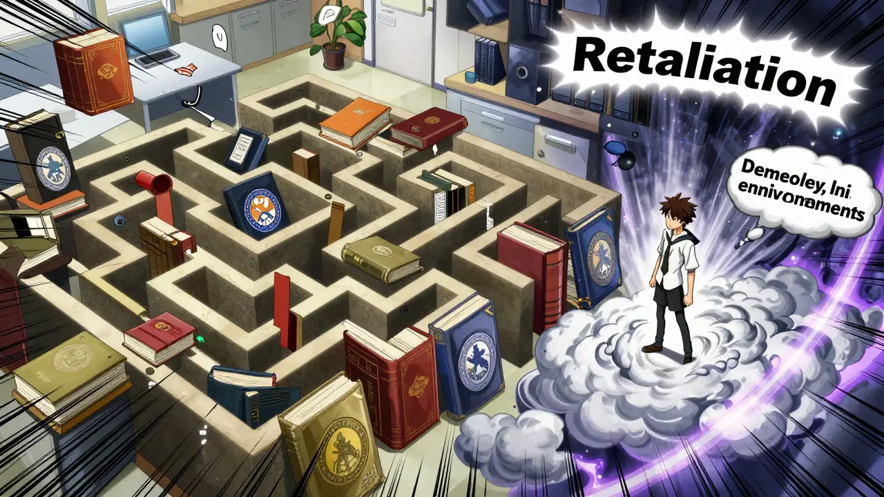 Manga hero battling storm clouds of retaliation near legal maze