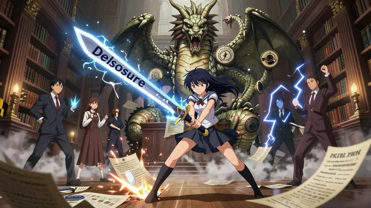 Manga hero fighting bureaucratic monster with sword of transparency in library