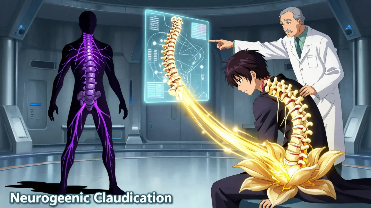 Manga illustration comparing upright pain vs bent-forward relief for spine health