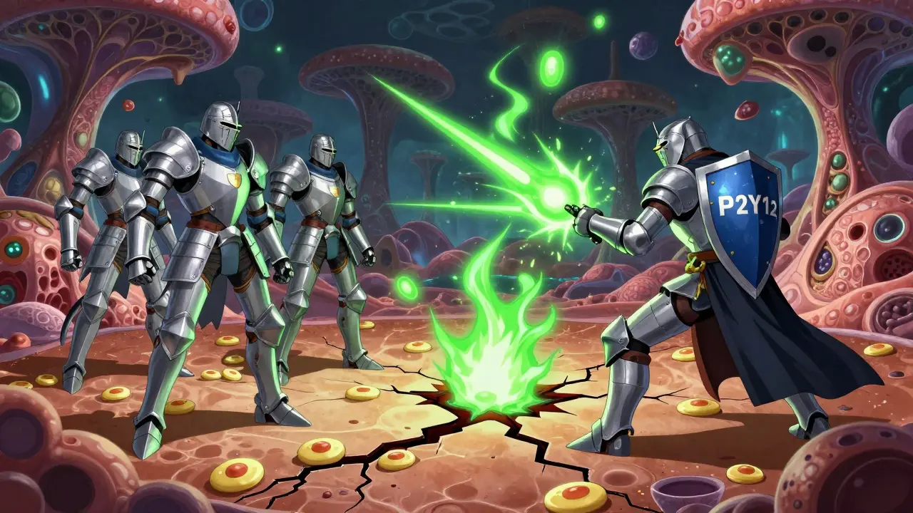 Medical knights battling acid erosion in fantasy body landscape