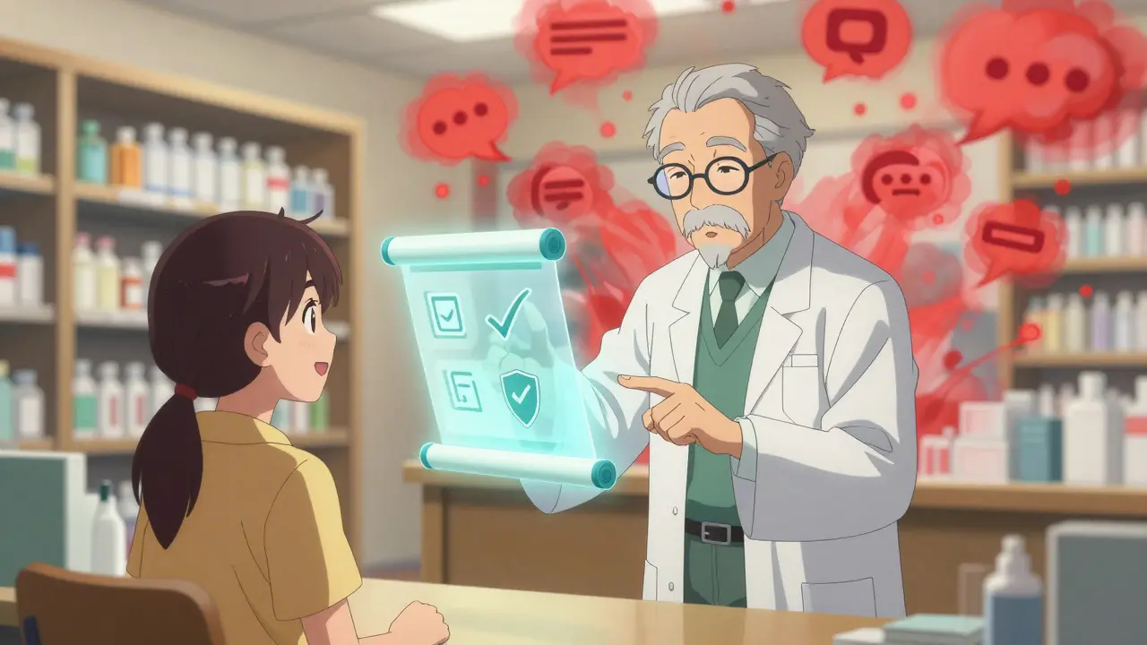Pharmacist explaining safety facts to a relieved patient in a fantasy library