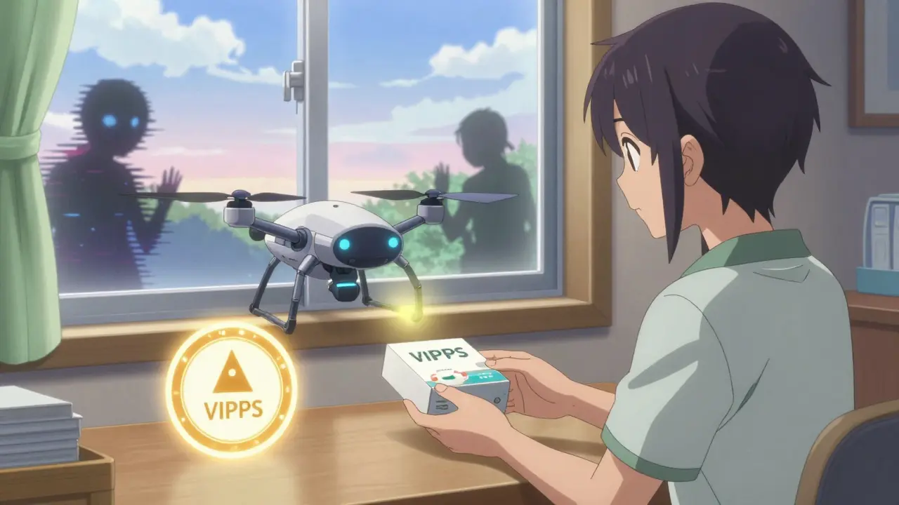 Safe delivery of medication by drone with protective seal against scam shadows