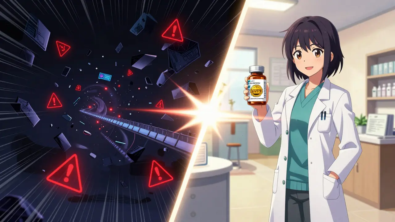 Split screen anime art contrasting dangerous fake drugs with safe verified pharmacy options.
