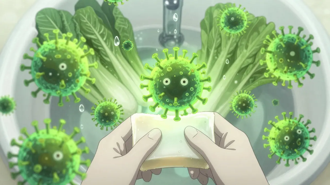 Stylized virus particles near food and hands