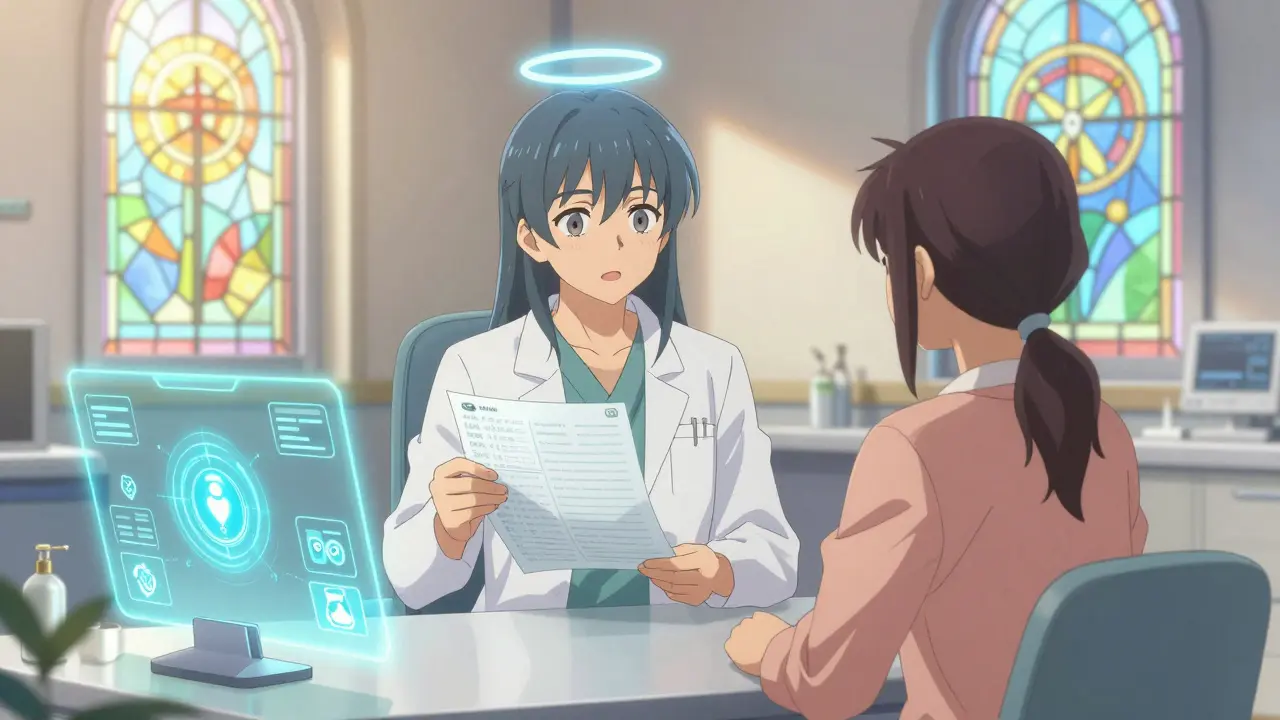 Anime healer verifying a prescription in a safe, futuristic clinic setting