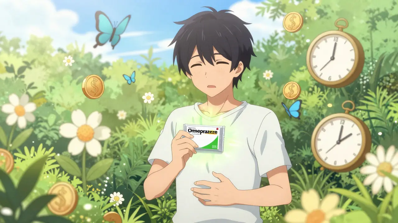 Anime hero celebrating health relief and savings with generic medication