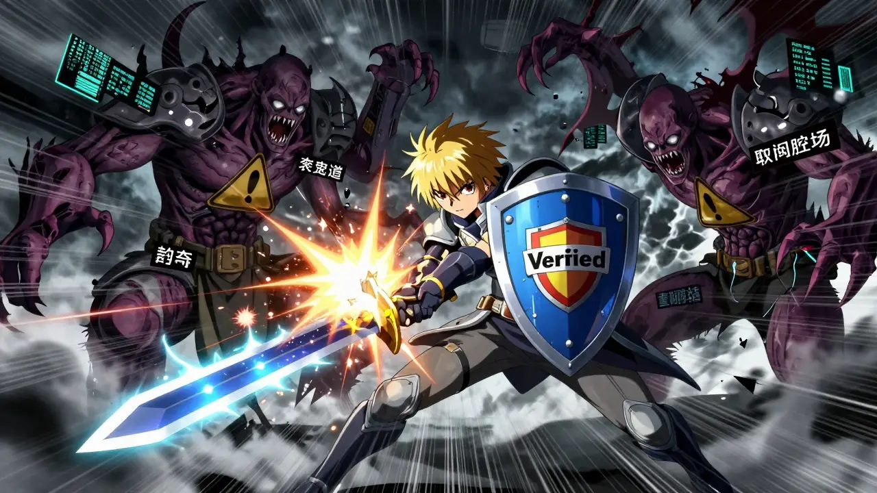 Anime hero fighting shadow monsters representing fake online pharmacies