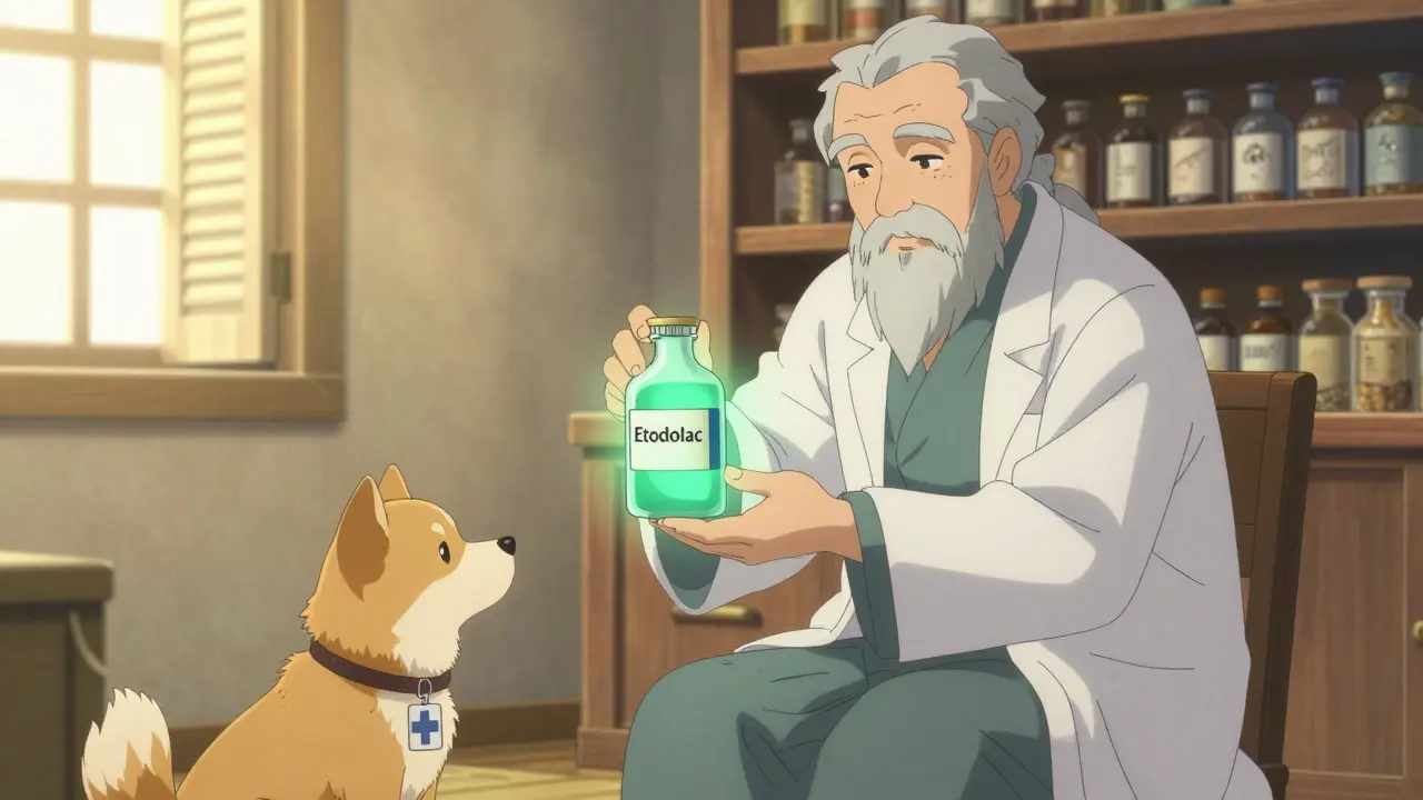 Anime pharmacist handing healing potion to adventurer with pet dog nearby