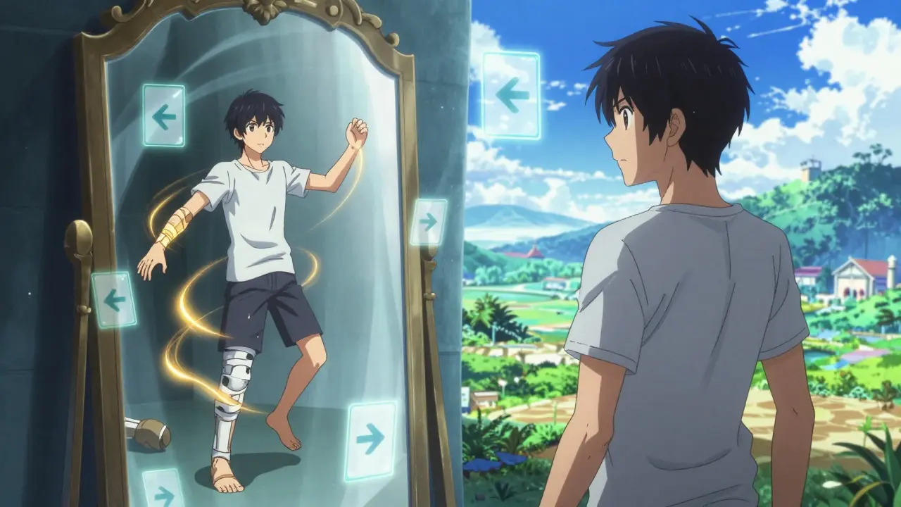 Anime protagonist using mirror therapy to visualize healing limb