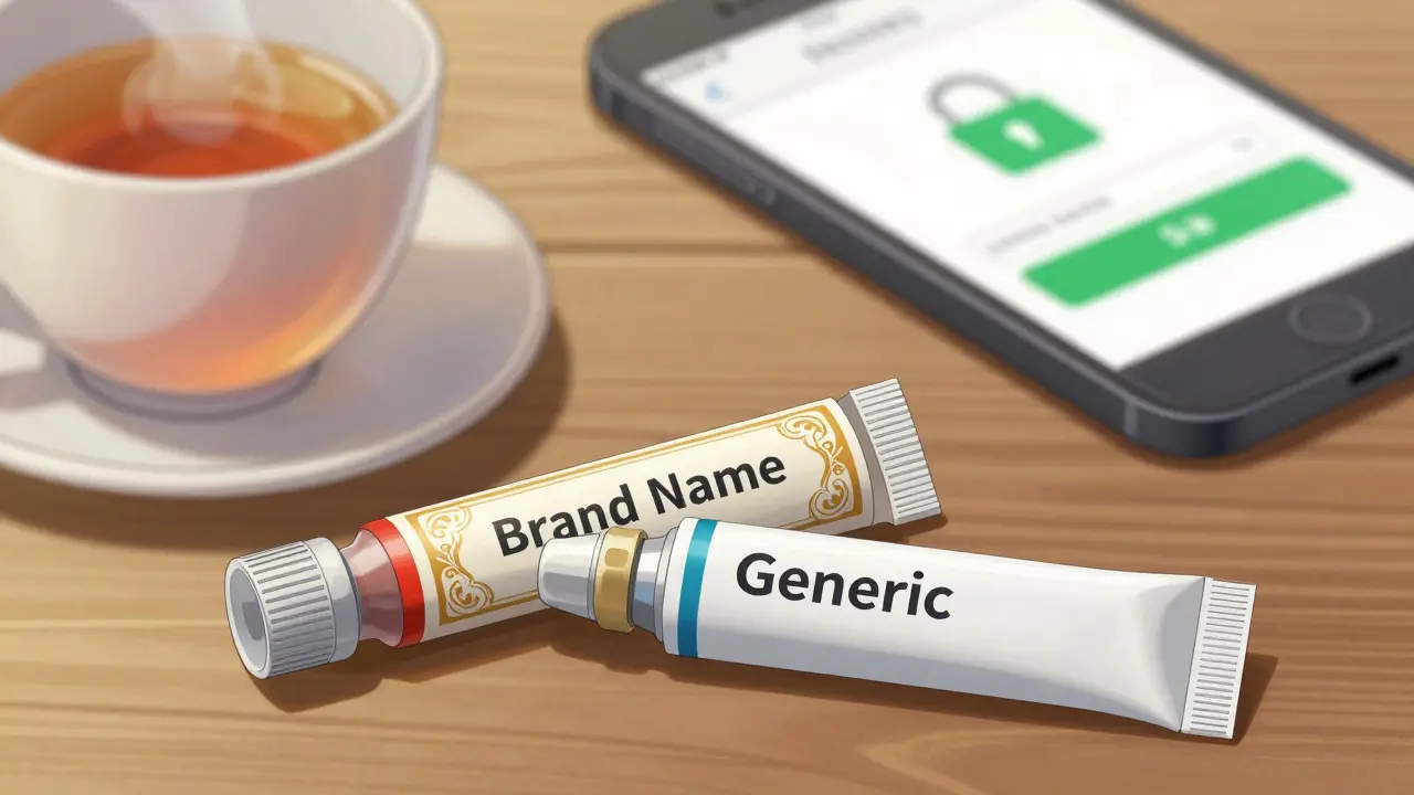 Close-up anime illustration comparing medication costs with a focus on secure online purchasing symbols.