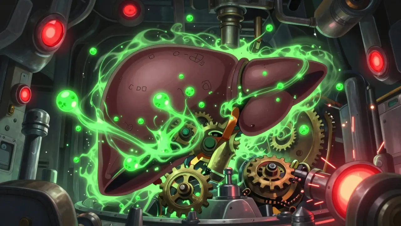Fantasy liver factory gears jammed by green CBD energy particles