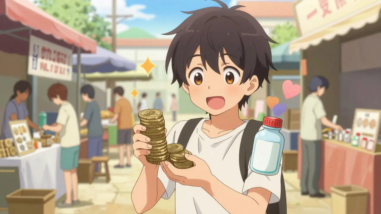 Happy anime protagonist holding savings and generic medicine in a busy market