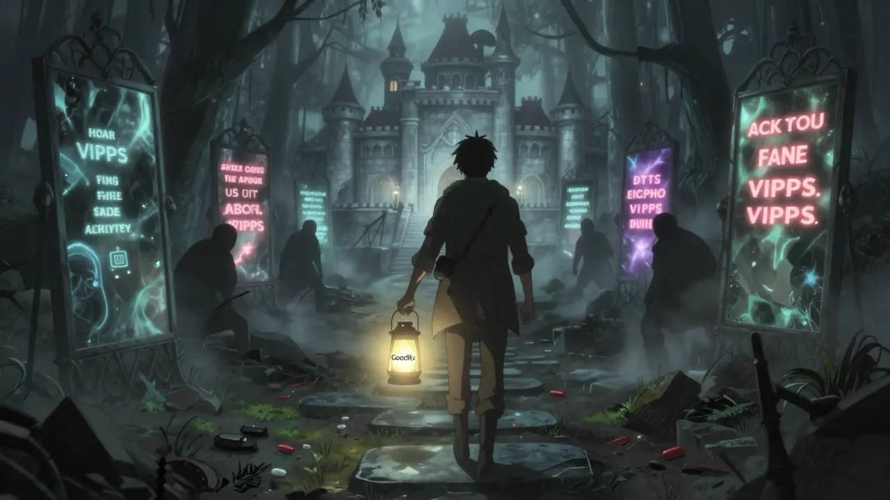 Hero navigating dangerous path to safe online pharmacy in anime style