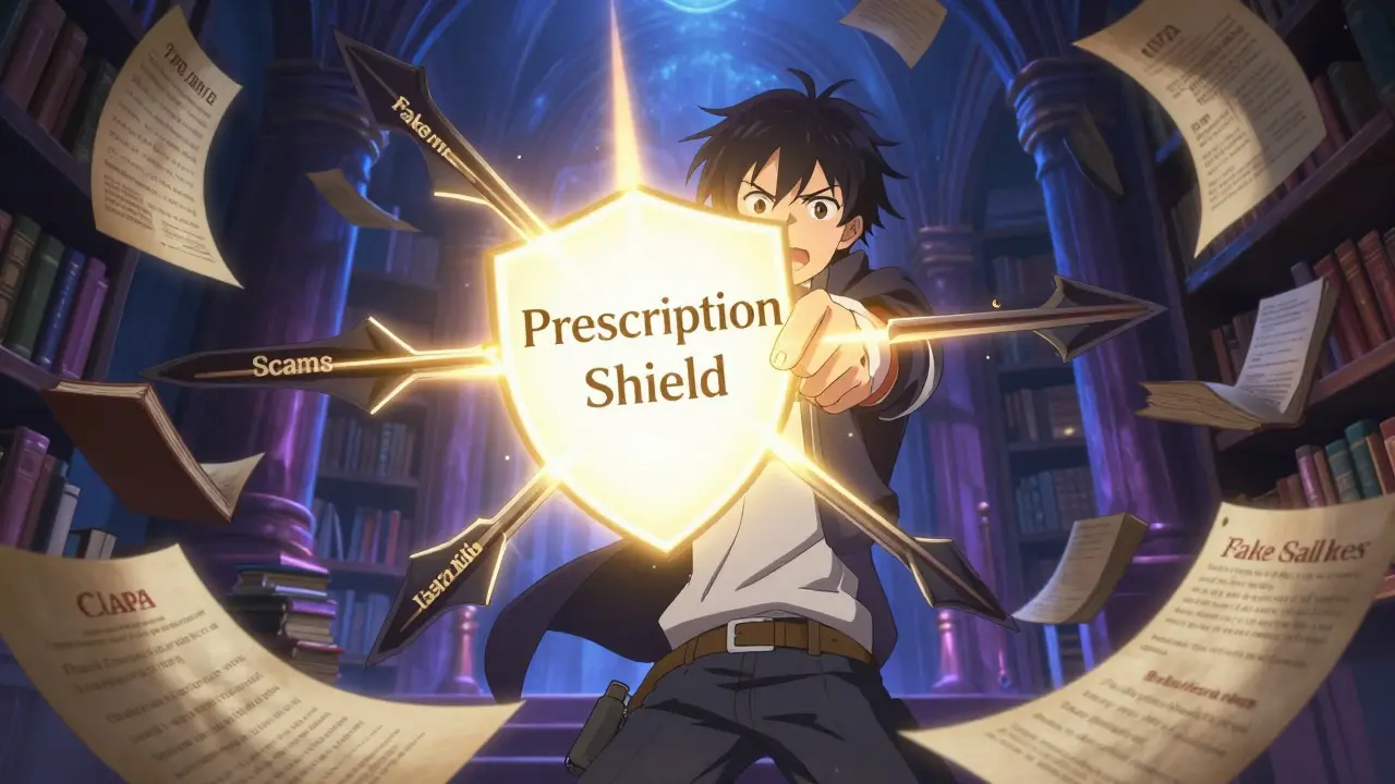 Heroic anime character protecting against online pharmacy scams using a prescription shield in a mystical library.