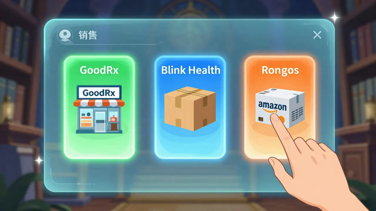 Magical floating menu showing three glowing portals for cheap medication options