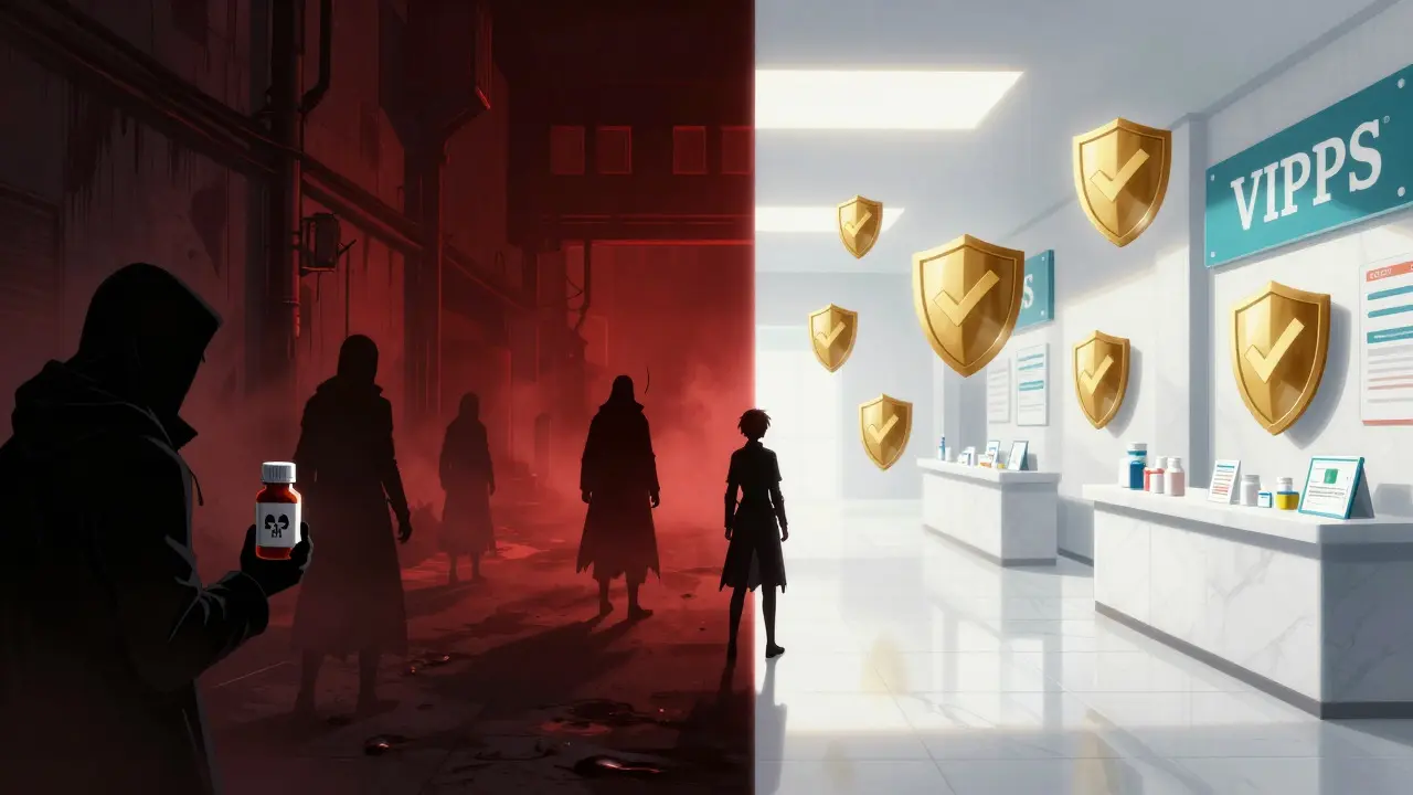 Manga style comparison between dangerous fake pharmacy and safe verified option