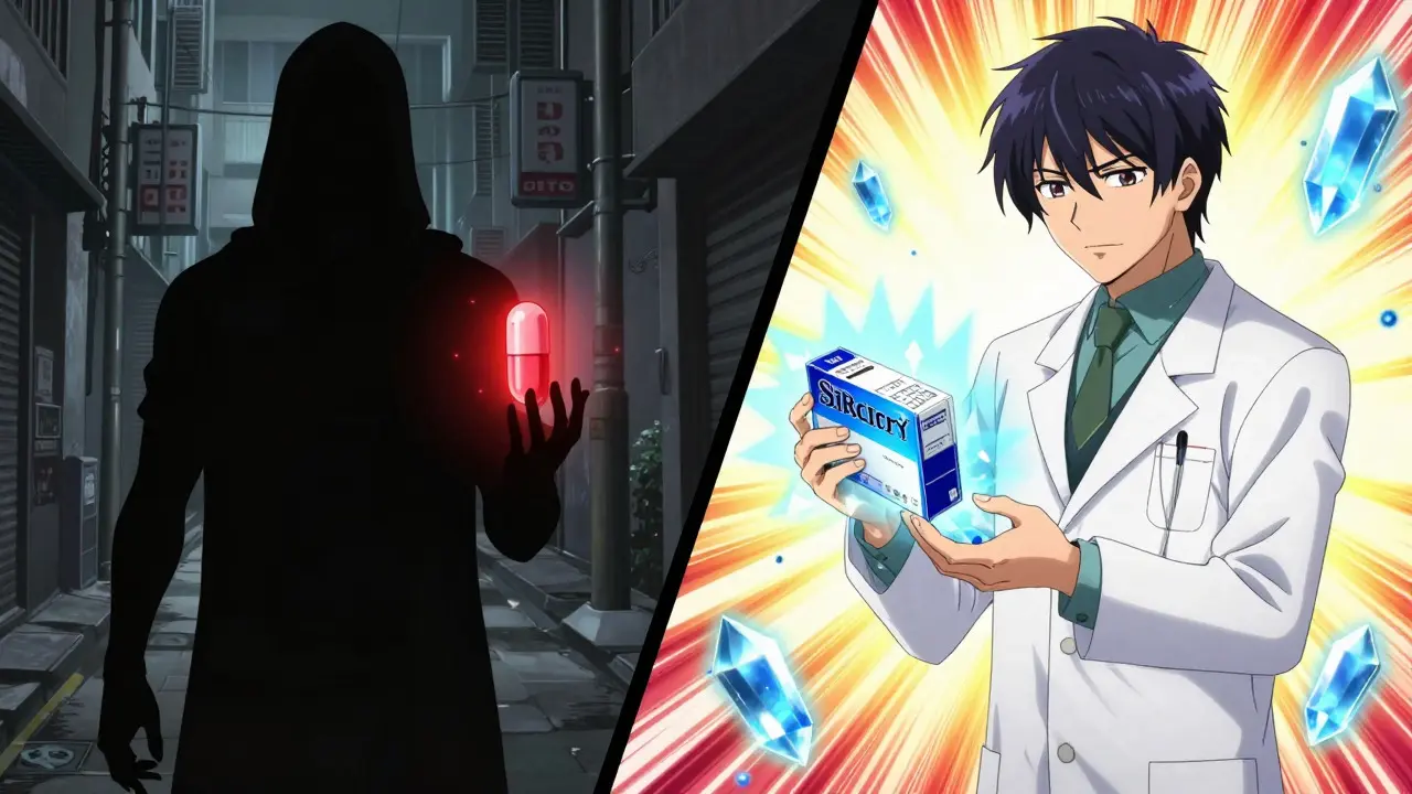 Manga style comparison of fake vs legitimate online pharmacy options