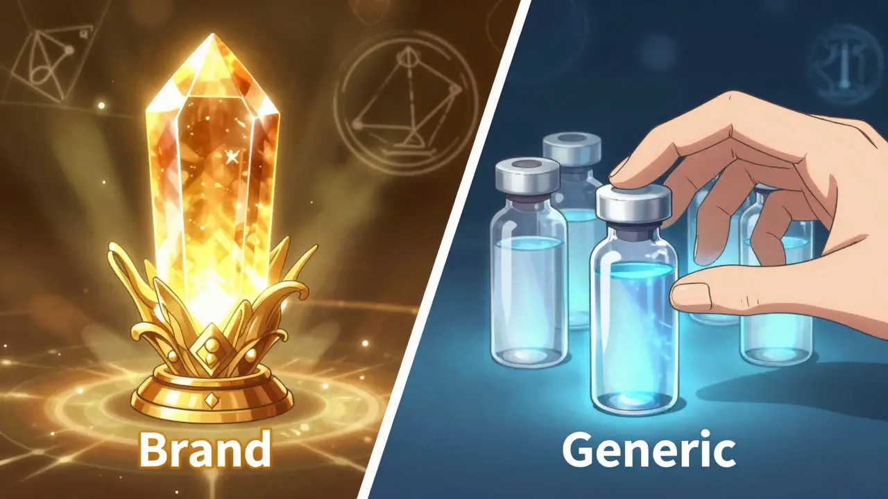 Manga style comparison of ornate brand magic vs simple generic healing potions