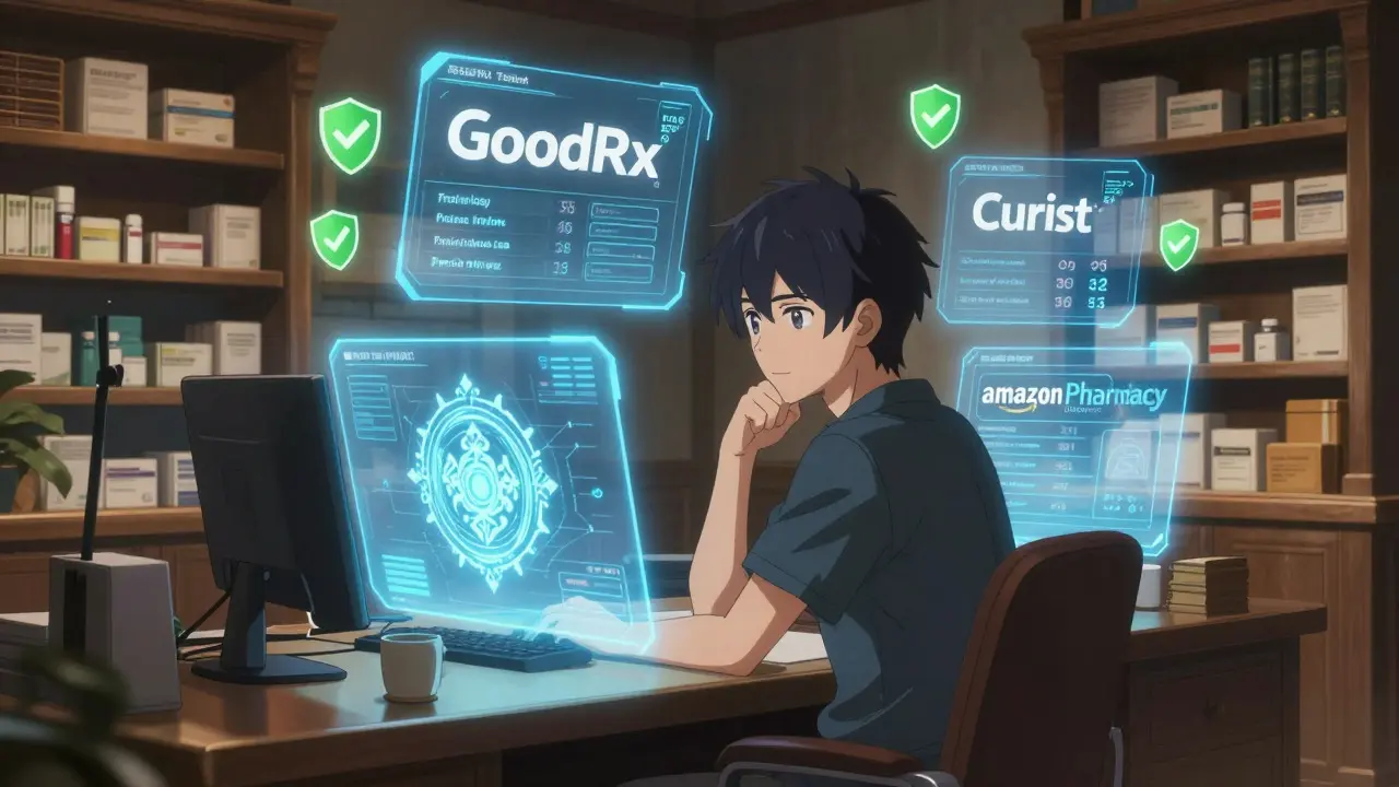 Manga style scene showing safe online pharmacy platforms with security shields