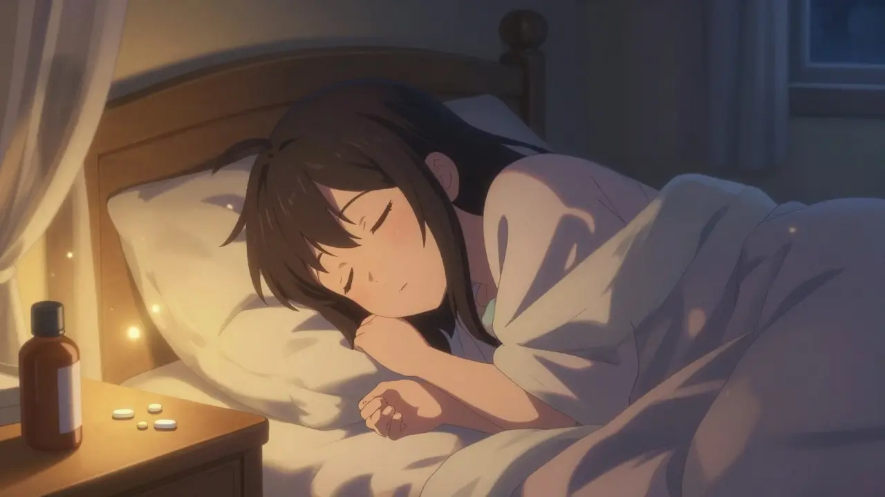 Peaceful sleeper with glowing medication nearby