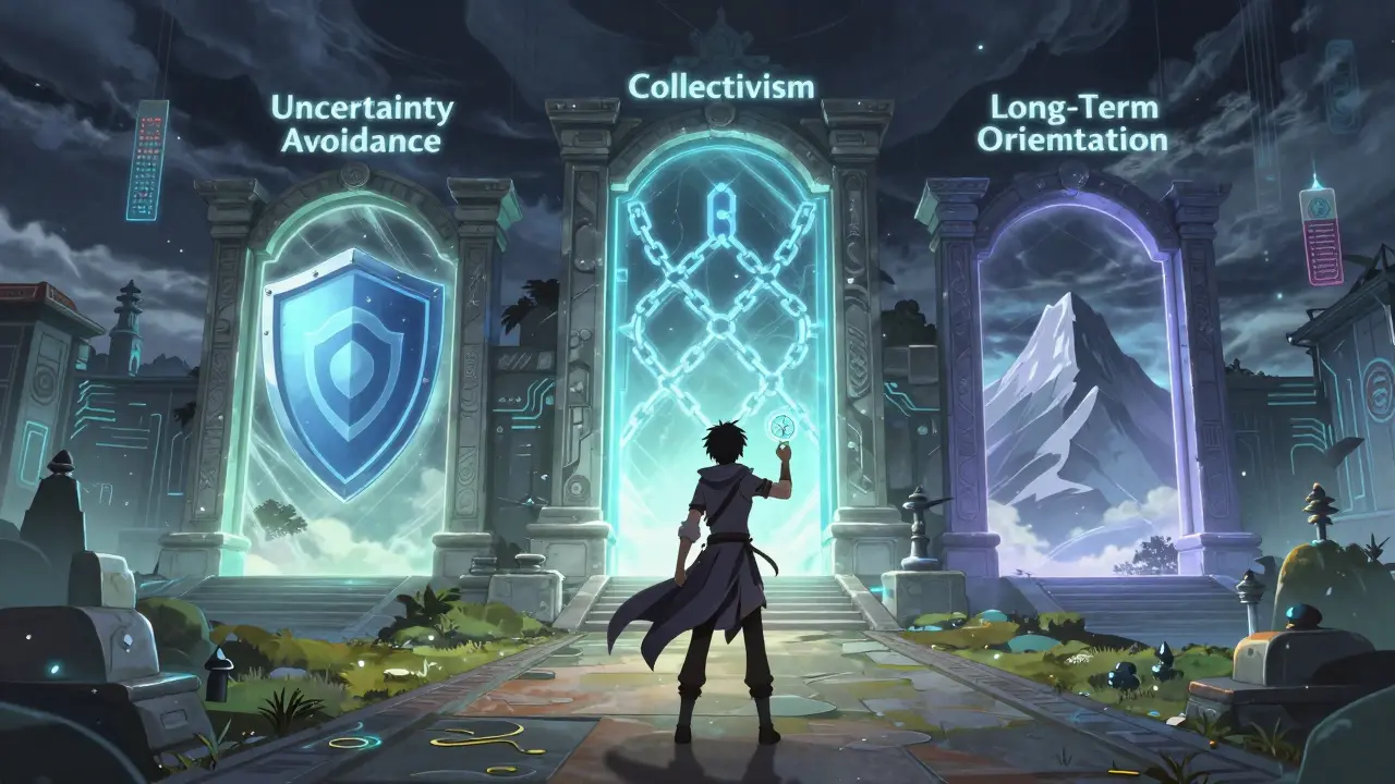 Protagonist facing magical gates representing cultural dimensions
