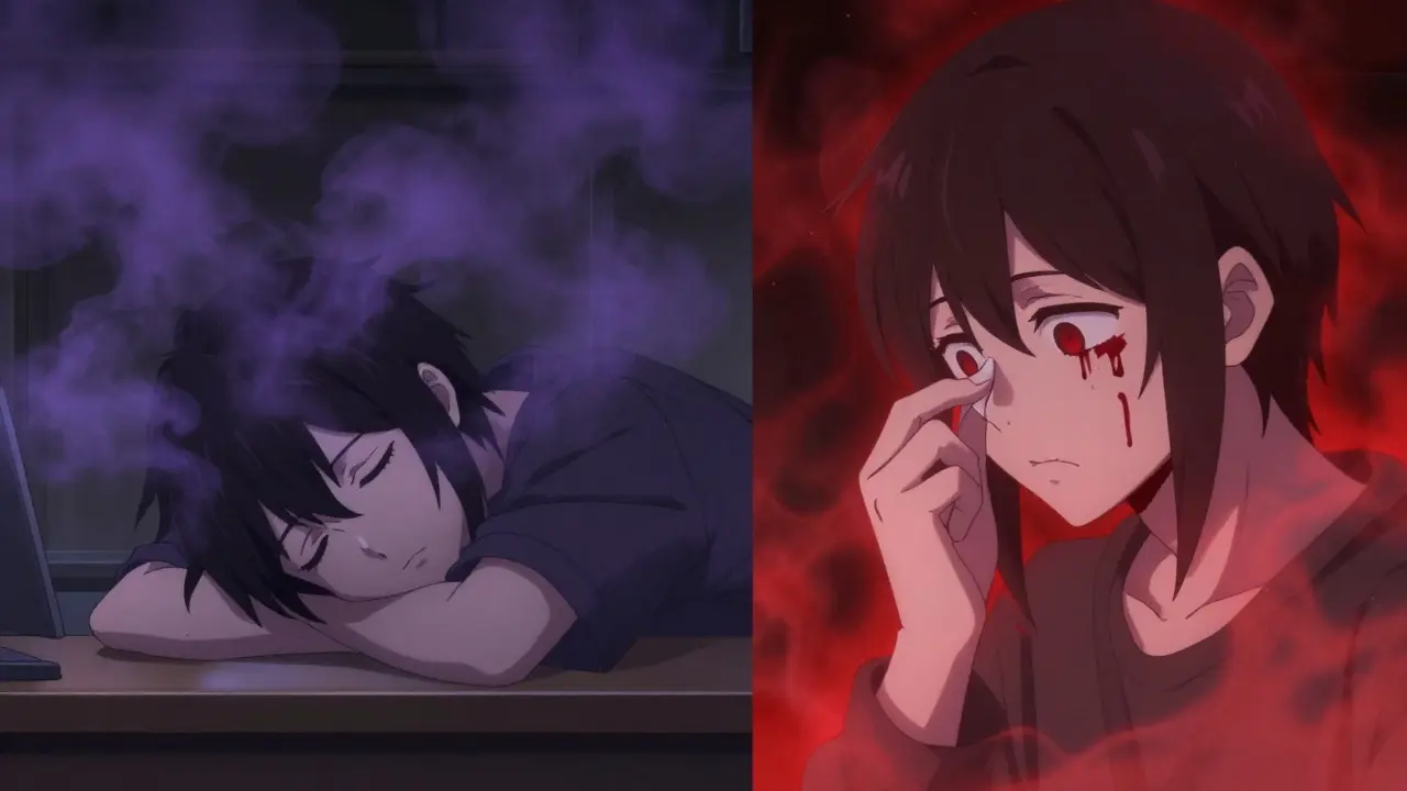 Split anime scene showing sedation fog and bleeding risk symptoms