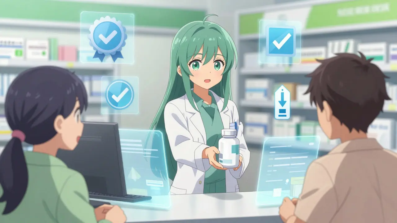 Stylized pharmacist hands safe medication to customer in bright digital shop