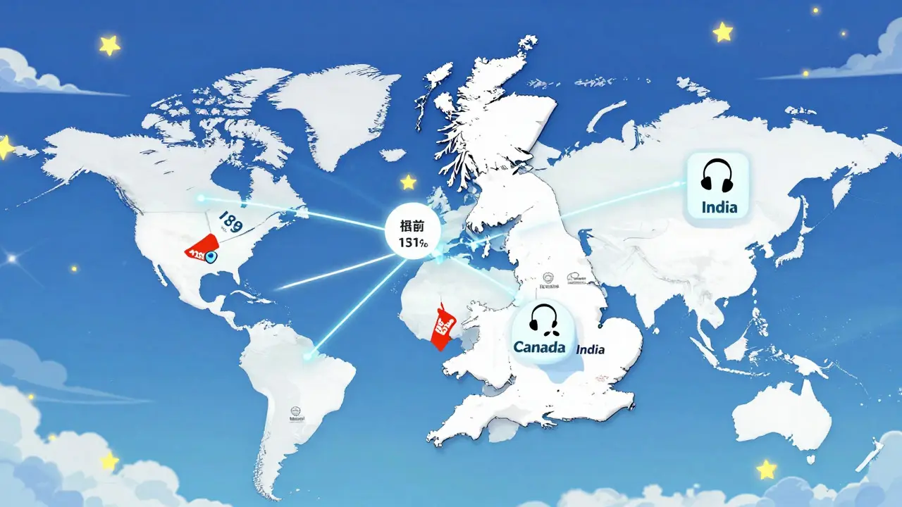 Whimsical anime map illustrating global connections for safe and affordable online medication delivery from the UK.