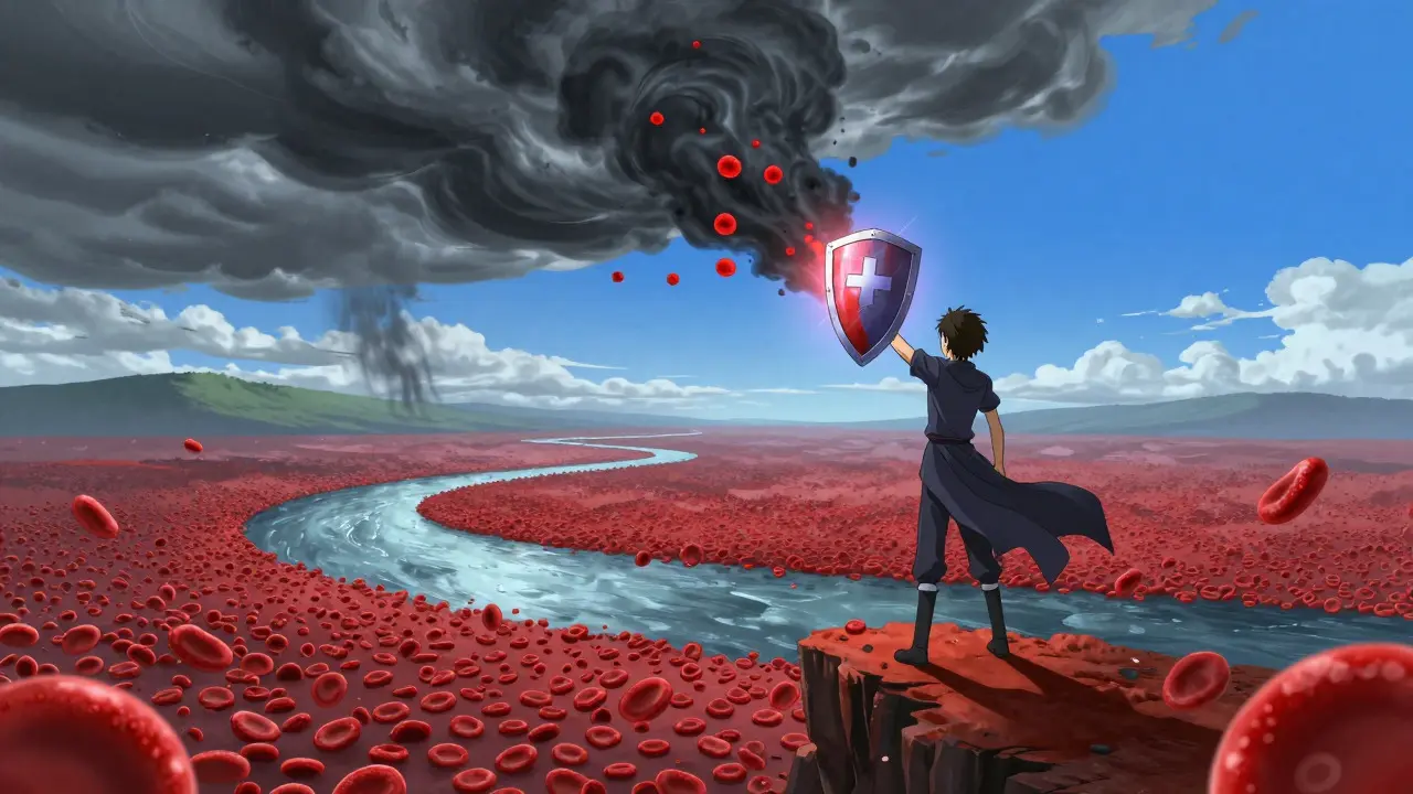 Anime hero holding a glowing shield against a storm over a river of red blood cells
