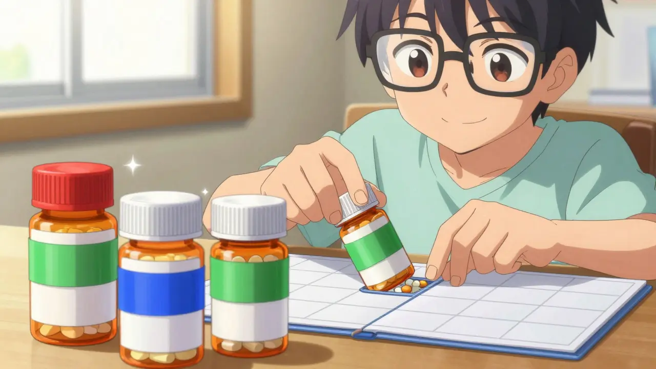 Character organizing pills using colorful tape markers in bright sunlight