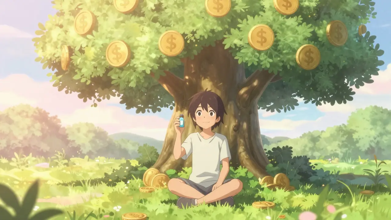 Character sitting in a garden with a coin-shaped leaf tree