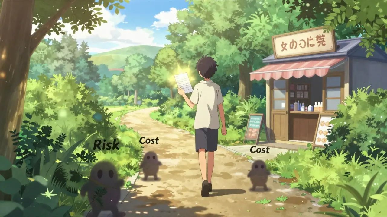 Character walking safely with glowing prescription toward pharmacy