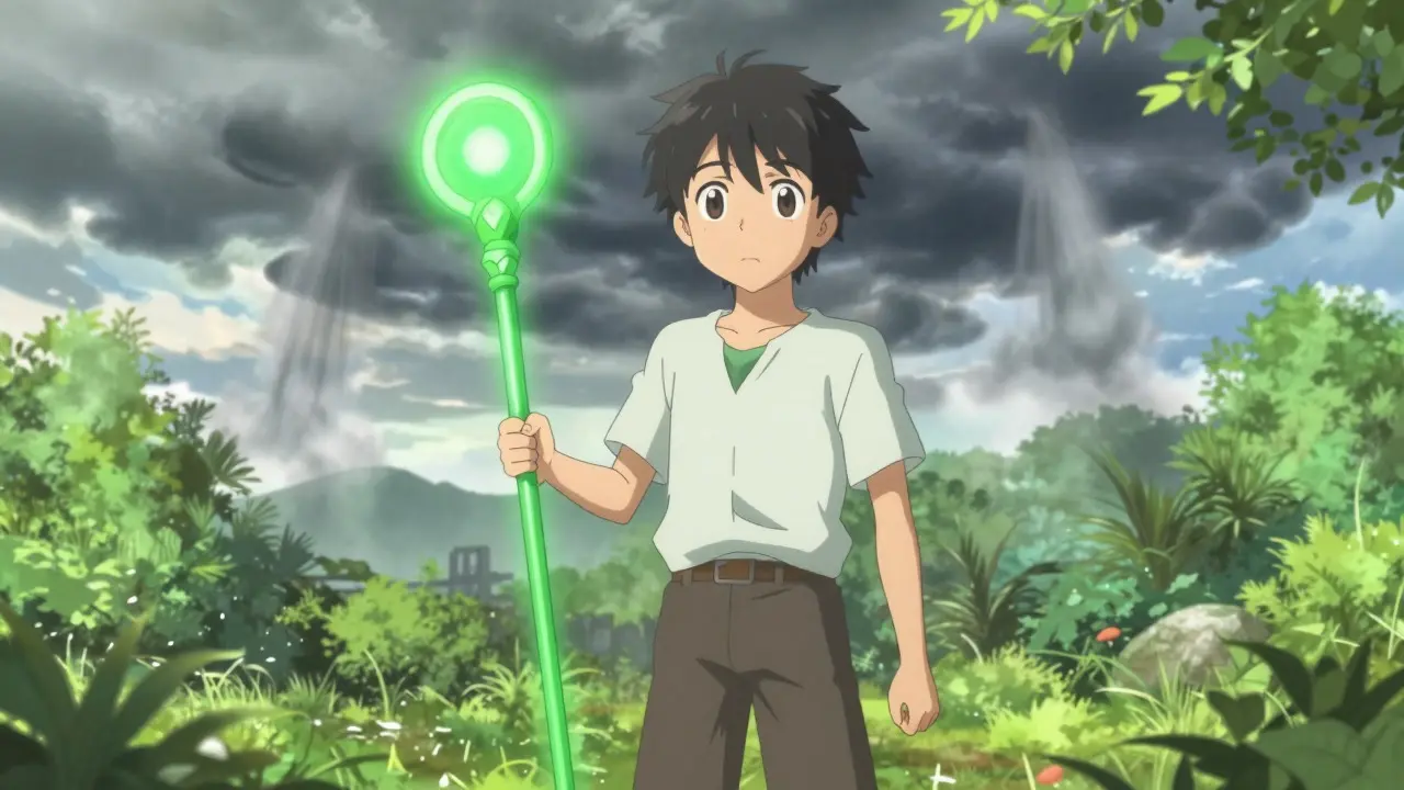 Character with healing aura dispelling dark migraine clouds
