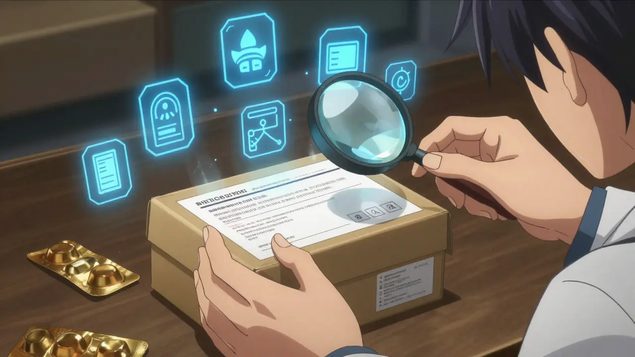 Close-up of hands inspecting a medicine box for authenticity
