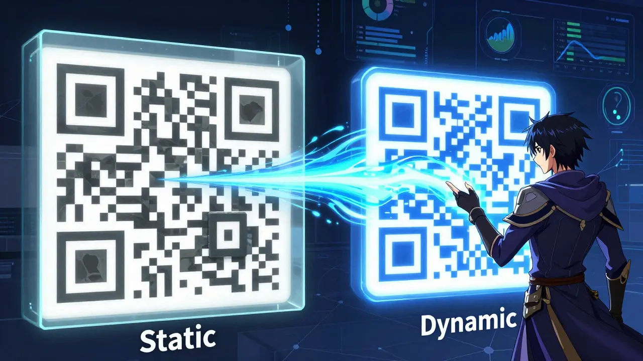 Comparison of static versus dynamic QR codes in anime style