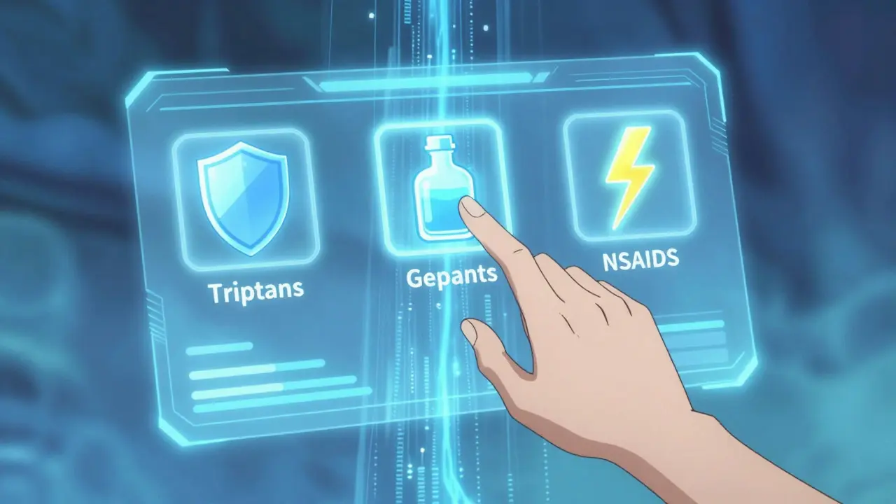 Floating magical menu showing migraine treatment options