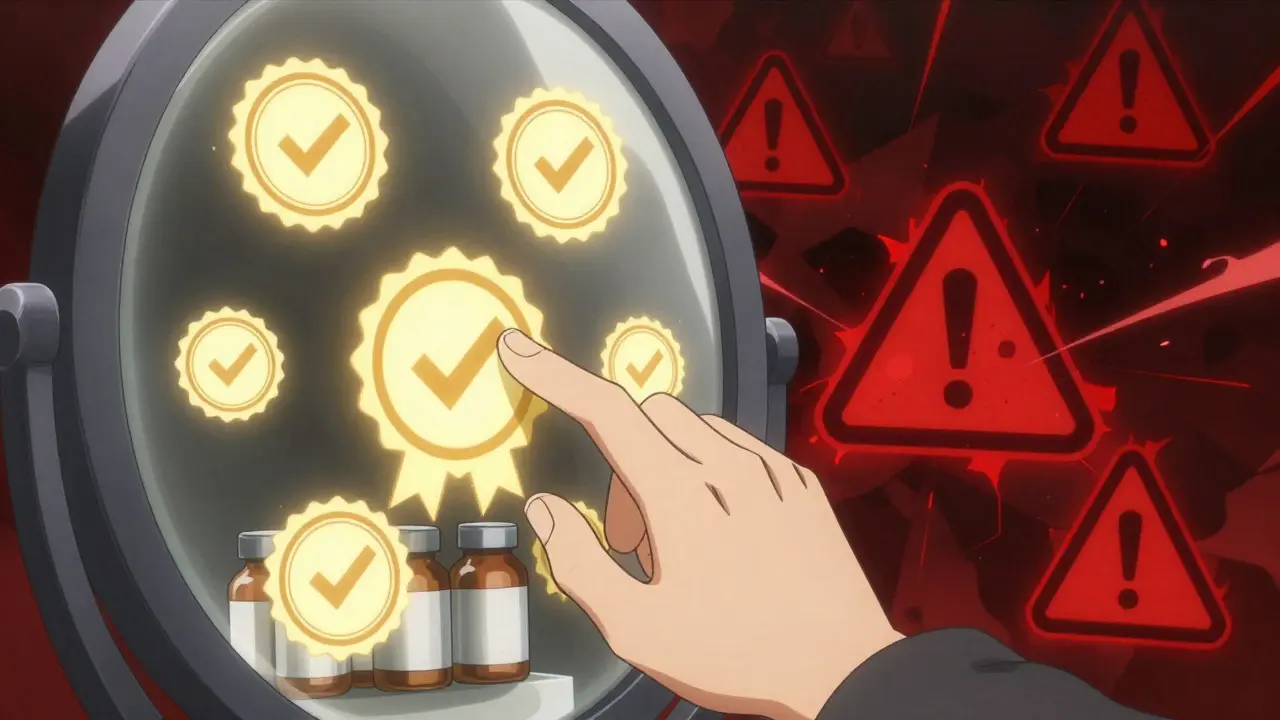 Golden safety seals protecting medicine from red scam warnings