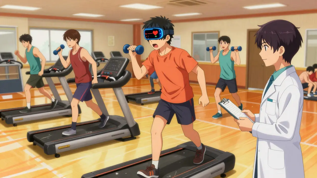 Group exercising in gym under supervision in anime style