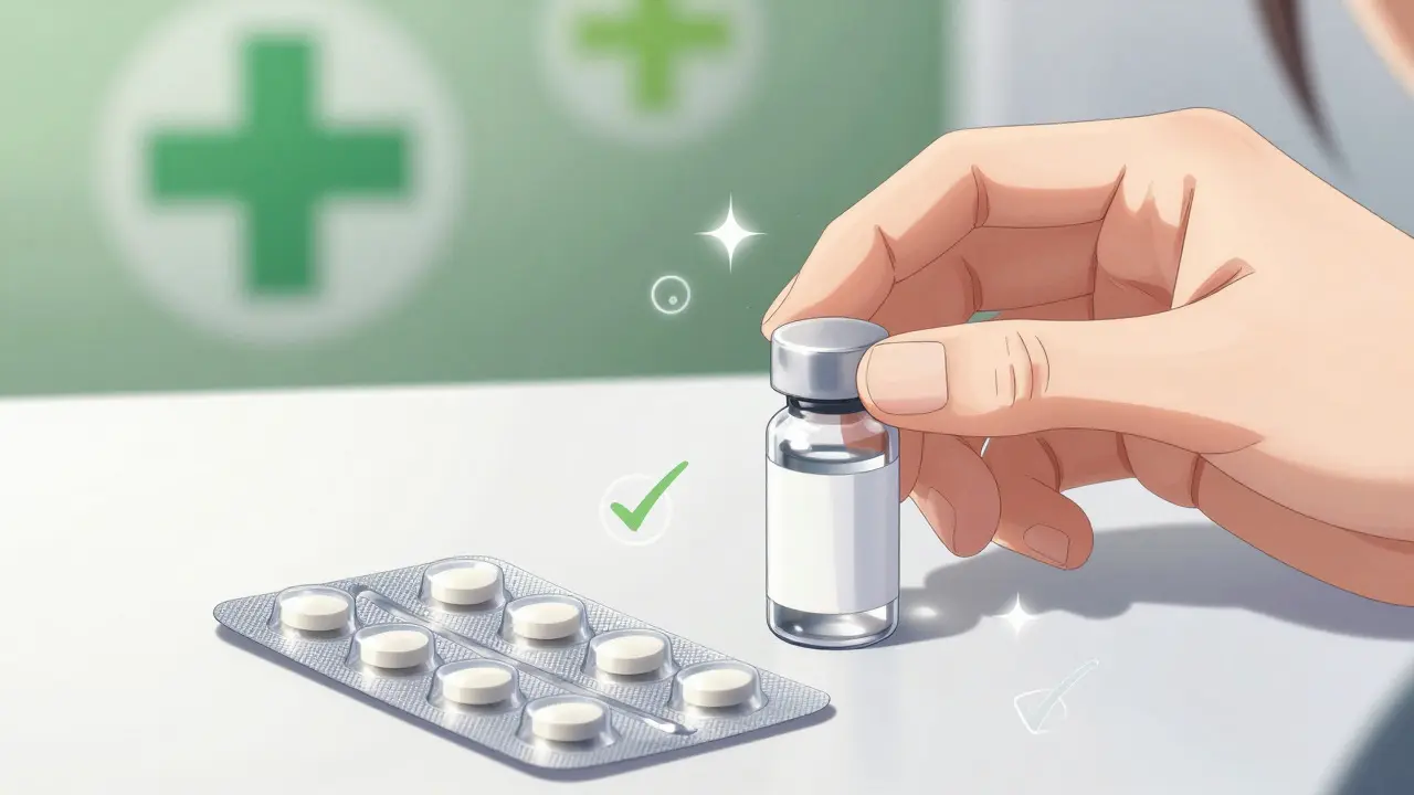 Hands inspecting a medicine bottle and pills with magical verification sparkles