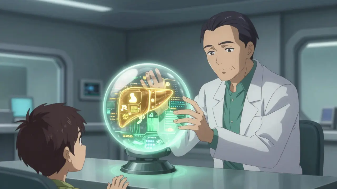 Healer analyzing patient health data via magical crystal orb