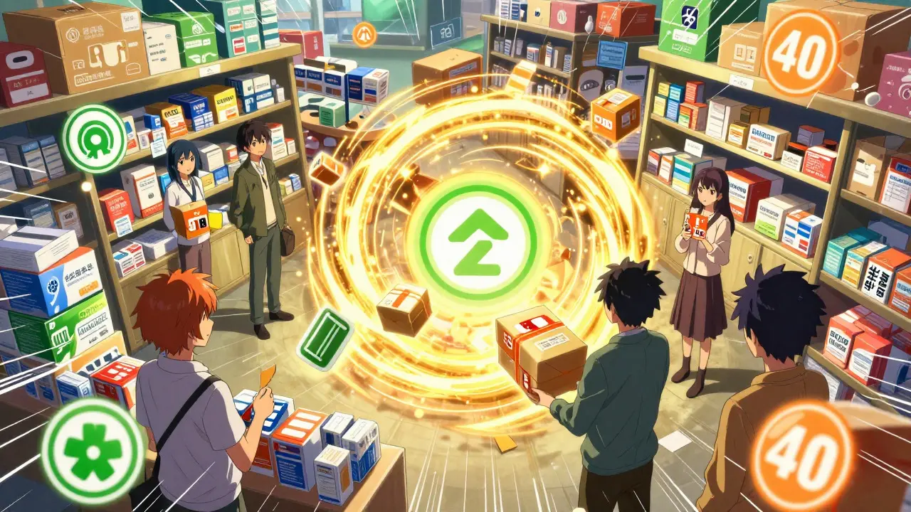 Magical marketplace scene representing online pharmacy options with floating packages