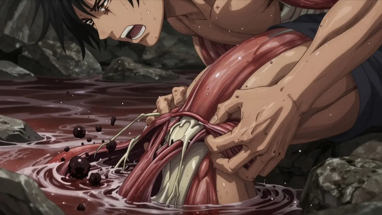 Manga style depiction of muscle fibers breaking down due to drug interaction