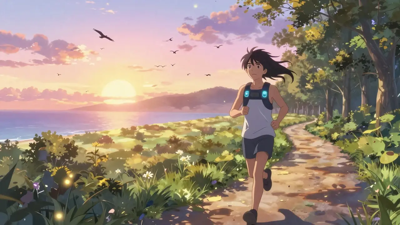 Person jogging outdoors with wearable tech in scenic landscape