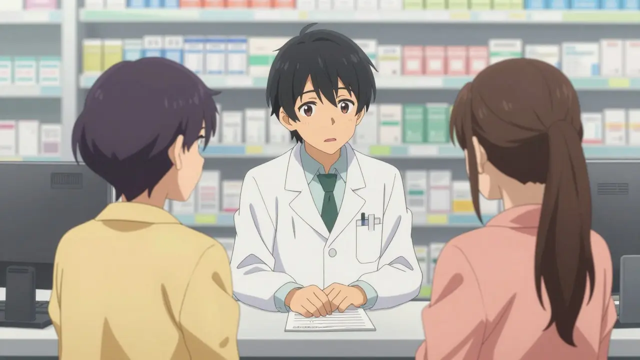 Pharmacist and patient communicating face-to-face in a quiet pharmacy