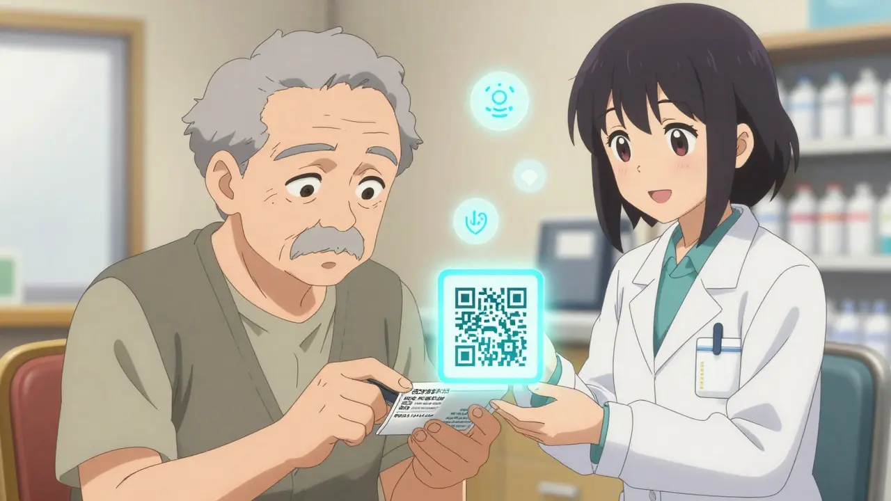 Pharmacist helps elderly patient scan QR code for medication