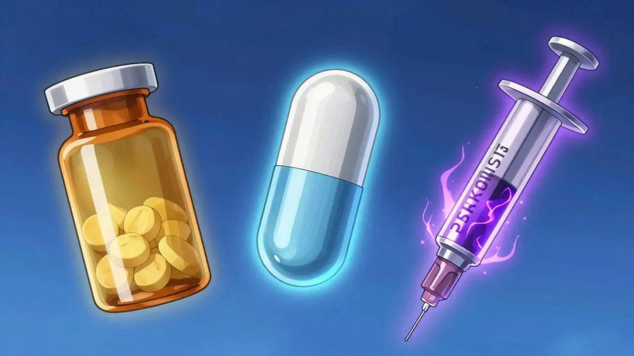 Three glowing medical devices floating in an anime-style void, representing different cholesterol drugs